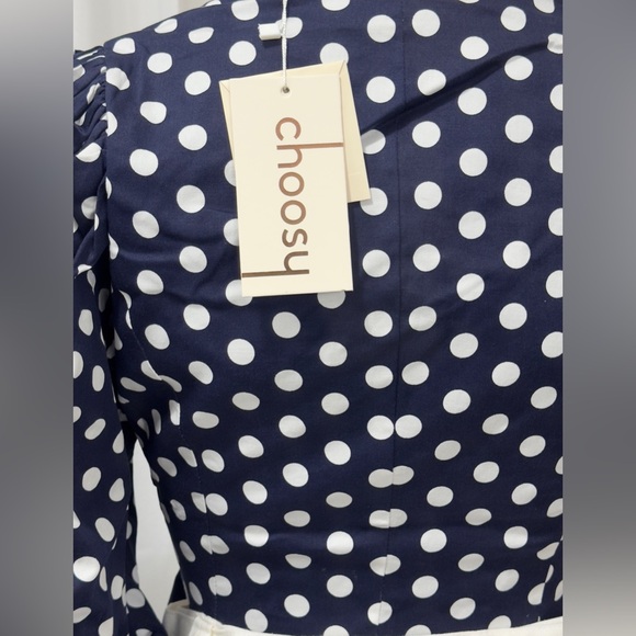 Elegant Cropped Wrap Navy&White Polka Dot Blouse Puff Elbow Length Sleeves M NWT - Picture 6 of 11